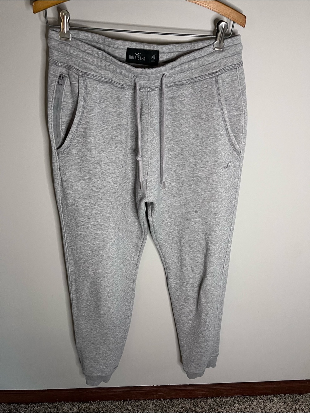 Hollister Mens Heather Grey Jogger Sweatpants Medium Tall Drawstring Zip Pocket